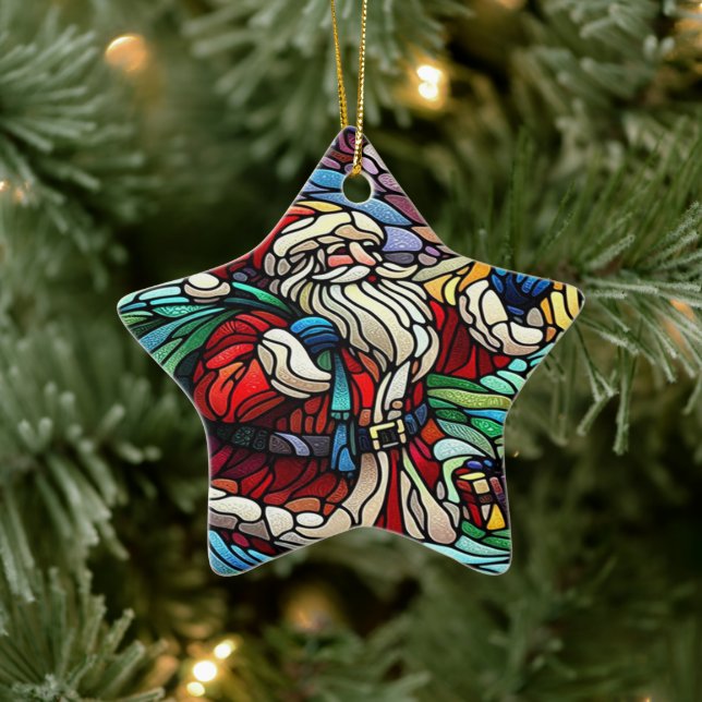 Majestic Stained Glass Santa and Reindeer Ceramic Ornament (Tree)