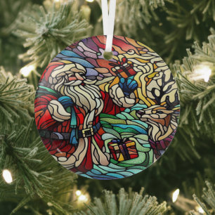 Majestic Stained Glass Santa and Reindeer Ornament