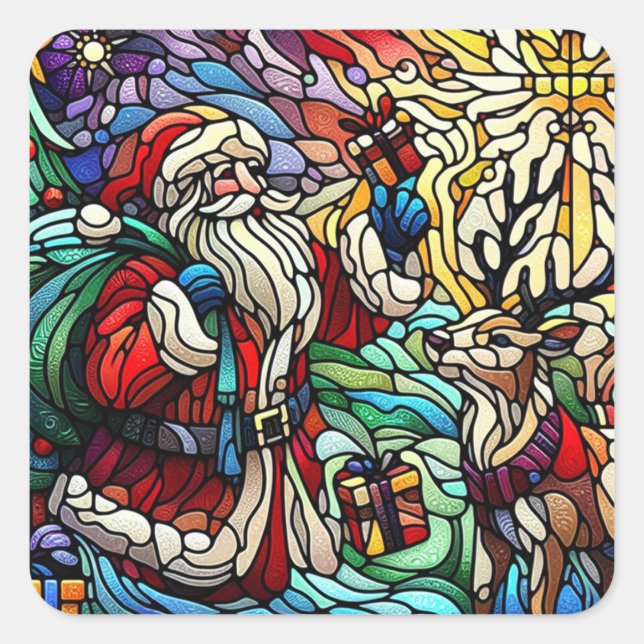 Majestic Stained Glass Santa and Reindeerts Square Sticker (Front)
