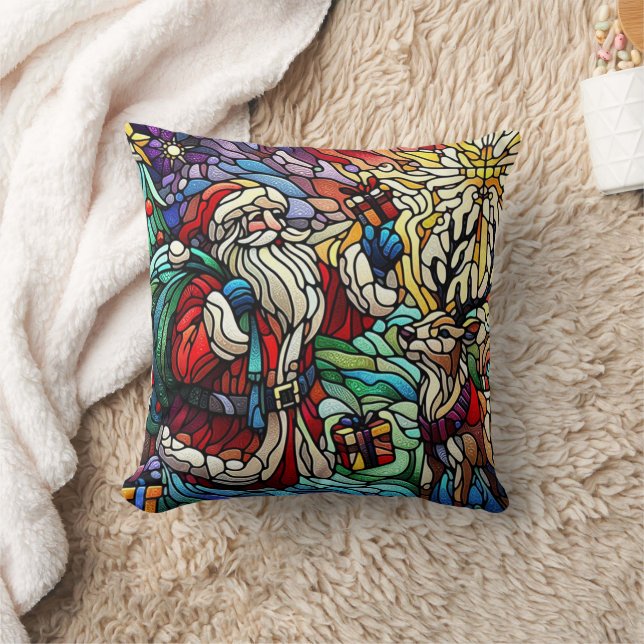 Majestic Stained Glass Santa and Reindeerts Throw Pillow (Blanket)