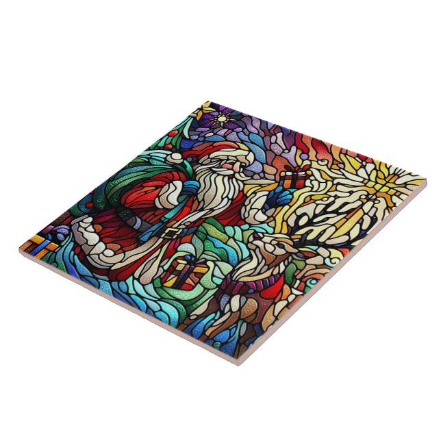 Majestic Stained Glass Santa and Reindeerts Tile (Side)