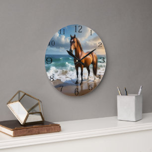 **"Majestic Stride: Proud Brown Horse on the Beach Large Clock