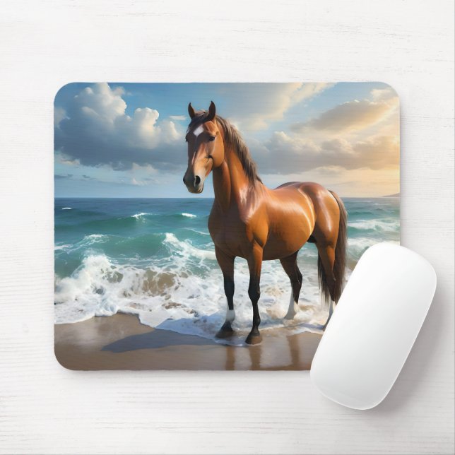 **"Majestic Stride: Proud Brown Horse on the Beach Mouse Pad (With Mouse)