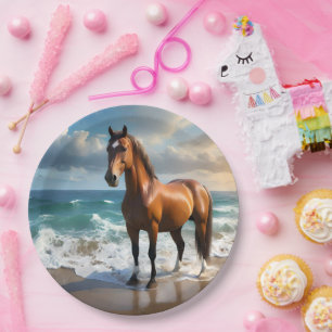 **"Majestic Stride: Proud Brown Horse on the Beach Paper Plate