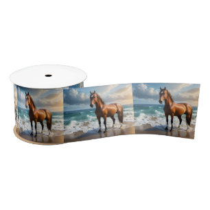**"Majestic Stride: Proud Brown Horse on the Beach Satin Ribbon