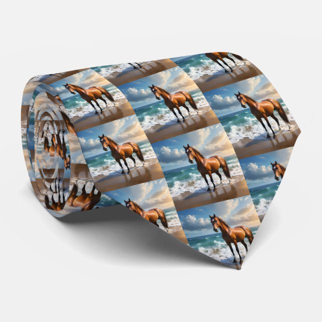 **"Majestic Stride: Proud Brown Horse on the Beach Tie (Rolled)