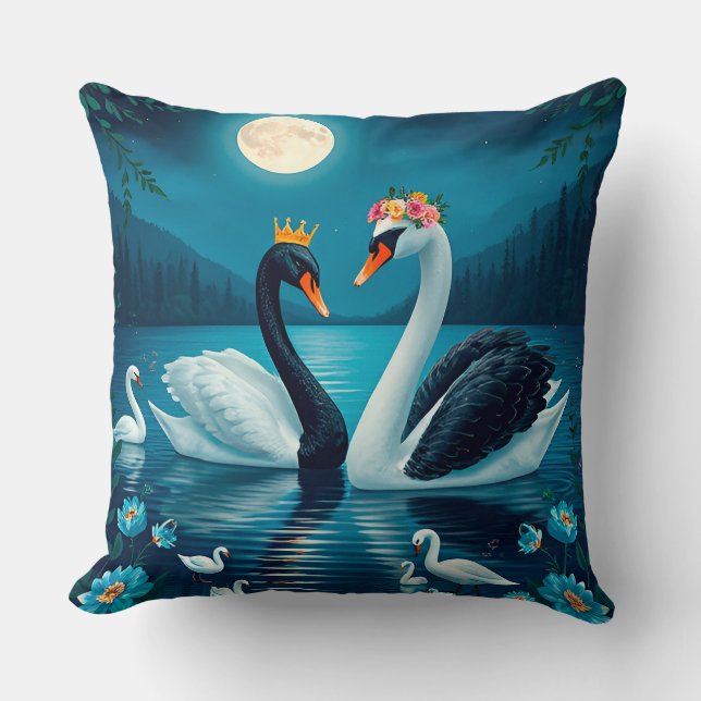 Majestic Swans Under Moonlit Sky Throw Pillow (Front)