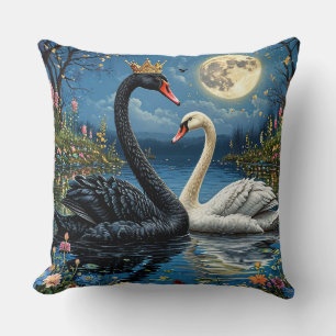 Majestic Swans Under Moonlit Sky Throw Pillow