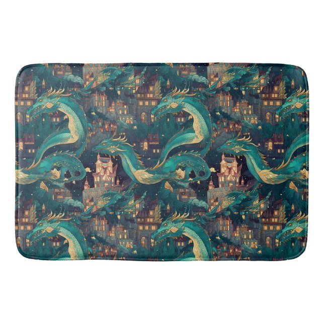 Majestic Teal Dragons and Village Bath Mat (Front)