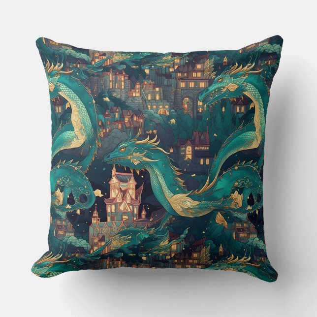 Majestic Teal Dragons and Village Throw Pillow (Front)