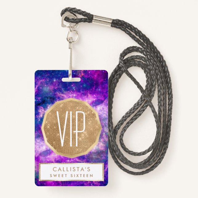 Majestic Teal Purple Starry Space Nebula Badge (Front with Lanyard)