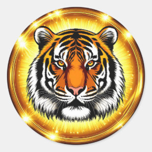 Majestic Tiger Head With Glowing Golden Lights Classic Round Sticker