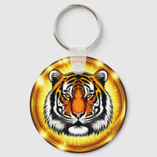 Majestic Tiger Head With Glowing Golden Lights Keychain