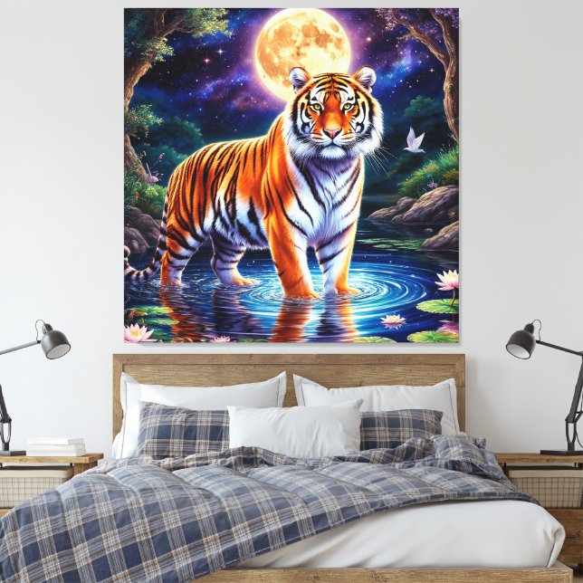 Majestic Tiger in a Moonlit Fantasy Landscape Canvas Print (Insitu(Bedroom))