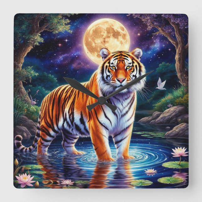 Majestic Tiger in a Moonlit Fantasy Landscape Square Wall Clock (Front)