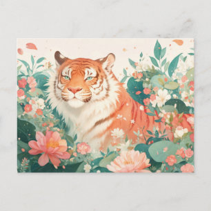 Majestic Tiger in Lush Floral Garden Postcard