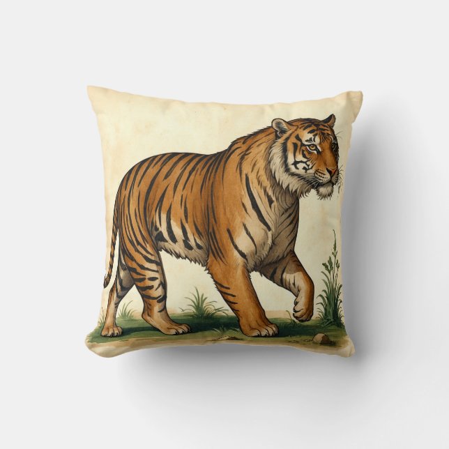 Majestic Tiger Medieval Illustration Throw Pillow (Front)