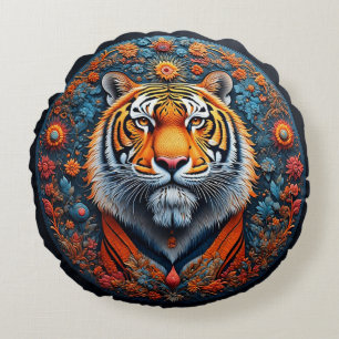 Majestic Tiger Portrait Surrounded by Flowers Round Pillow