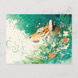 Majestic Tiger Profile in Lush Teal Garden Postcard