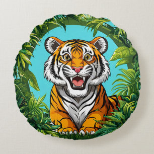 Majestic Tiger Roaring in Vibrant Jungle Round Pillow