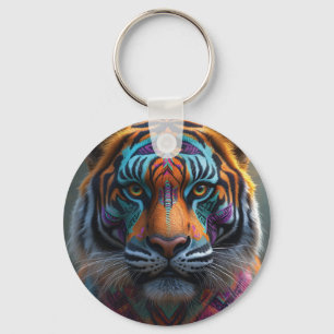 Majestic Tiger with Vibrant Tribal Face Paint Keychain