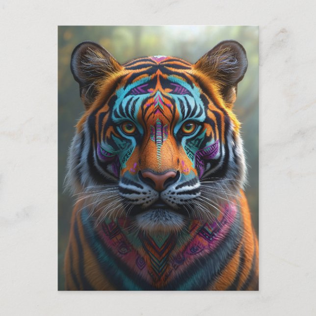 Majestic Tiger with Vibrant Tribal Face Paint Postcard (Front)