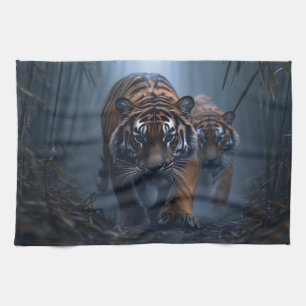 Majestic Tigers in a Foggy Jungle Kitchen Towel