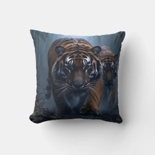 Majestic Tigers in a Foggy Jungle Throw Pillow