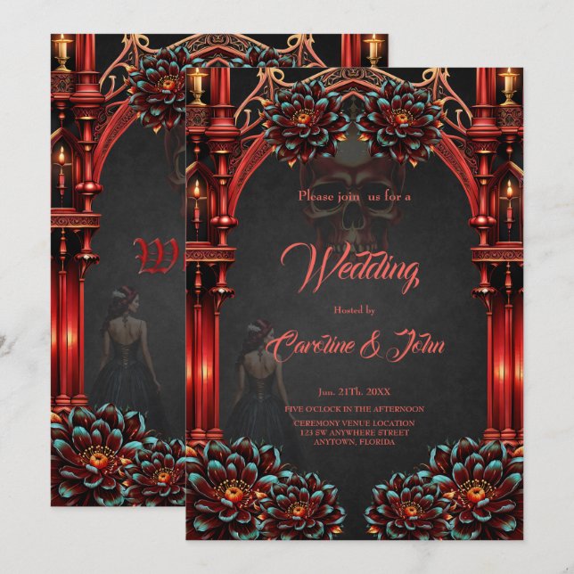 Majestic towers with dark flowers.  invitation (Front/Back)