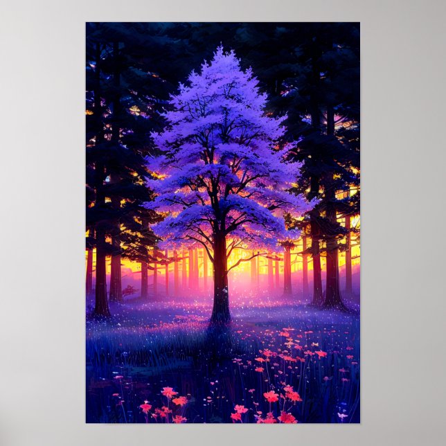 Majestic Tree in the Forest with Sunset's Charm Poster (Front)