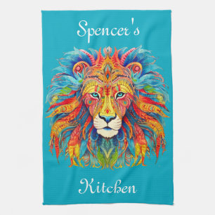 Majestic Tribal Lion with Custom Name Kitchen Towel