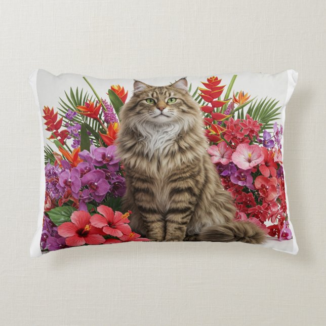 Majestic Tropical Cat Accent Pillow Design. (Front)