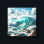 Majestic Turquoise Ocean Wave Crashing on Sunlit  Canvas Print<br><div class="desc">A vibrant and refreshing digital landscape featuring a powerful turquoise wave curling beautifully before crashing against smooth, sun-drenched coastal rocks. The bright blue sky and fluffy white clouds create a perfect summer atmosphere filled with energy and natural beauty. Ideal for beach house decor, modern living rooms, or as a rejuvenating...</div>