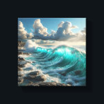 Majestic Turquoise Ocean Waves Crashing Against  Canvas Print<br><div class="desc">A stunning and powerful digital artwork capturing massive turquoise waves curling and crashing against a rugged, rocky shoreline. The composition features dramatic sunlight filtering through a cloudy sky, highlighting the intense spray and deep blue textures of the ocean. Perfect for large-scale wall art, modern coastal-themed interiors, or as a dynamic...</div>