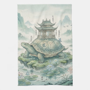 Majestic Turtle Pagoda Ink Art Kitchen Towel