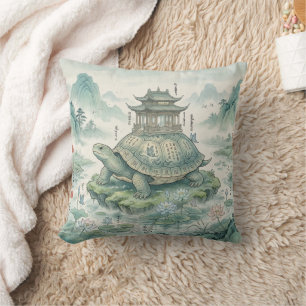 Majestic Turtle Pagoda Ink Art Throw Pillow