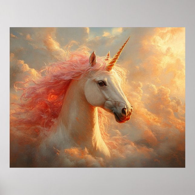 Majestic Unicorn in Sunset Clouds Poster (Front)