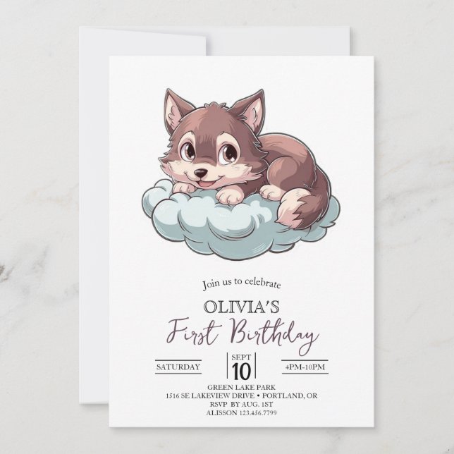 Majestic Unique Digital Wolf 1st Birthday Invitation (Front)
