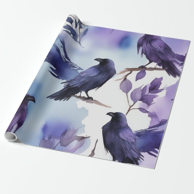 Majestic Watercolor Crow Pattern Wrapping Paper (Unrolled)