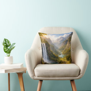 Majestic Waterfall Valley Throw Pillow