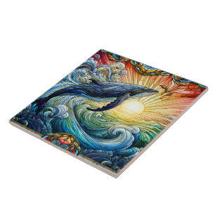 Majestic Whale in Stained Glass Tile
