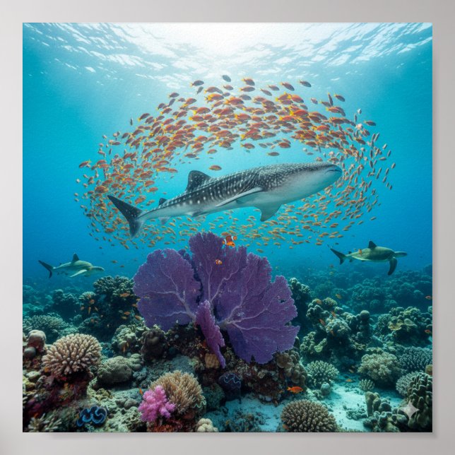 Majestic Whale Shark & Fish School Poster (Front)