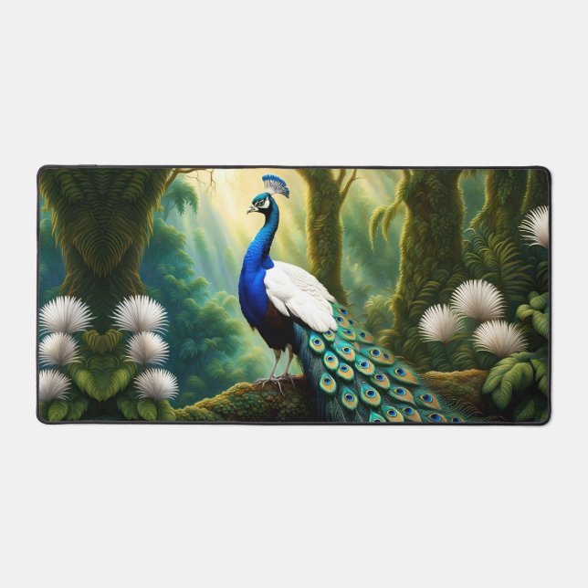 Majestic White and Blue Peacock in Forest Desk Mat (Front)