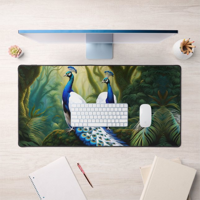 Majestic White and Blue Peacock in Forest Desk Mat (Office 1)
