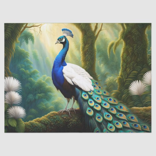 Majestic White and Blue Peacock in Forest Tissue Paper (Front)