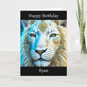 Majestic White and Gold Lion Personalized Birthday Card