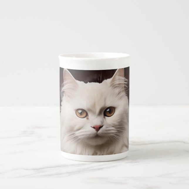 Majestic white cat bone china mug (Front)
