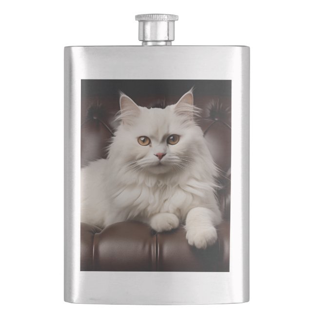 Majestic white cat hip flask (Front)