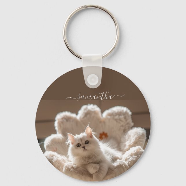 Majestic white cat lover keychain (Front)