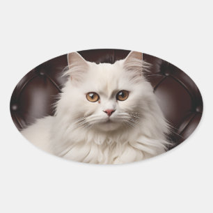 Majestic white cat oval sticker